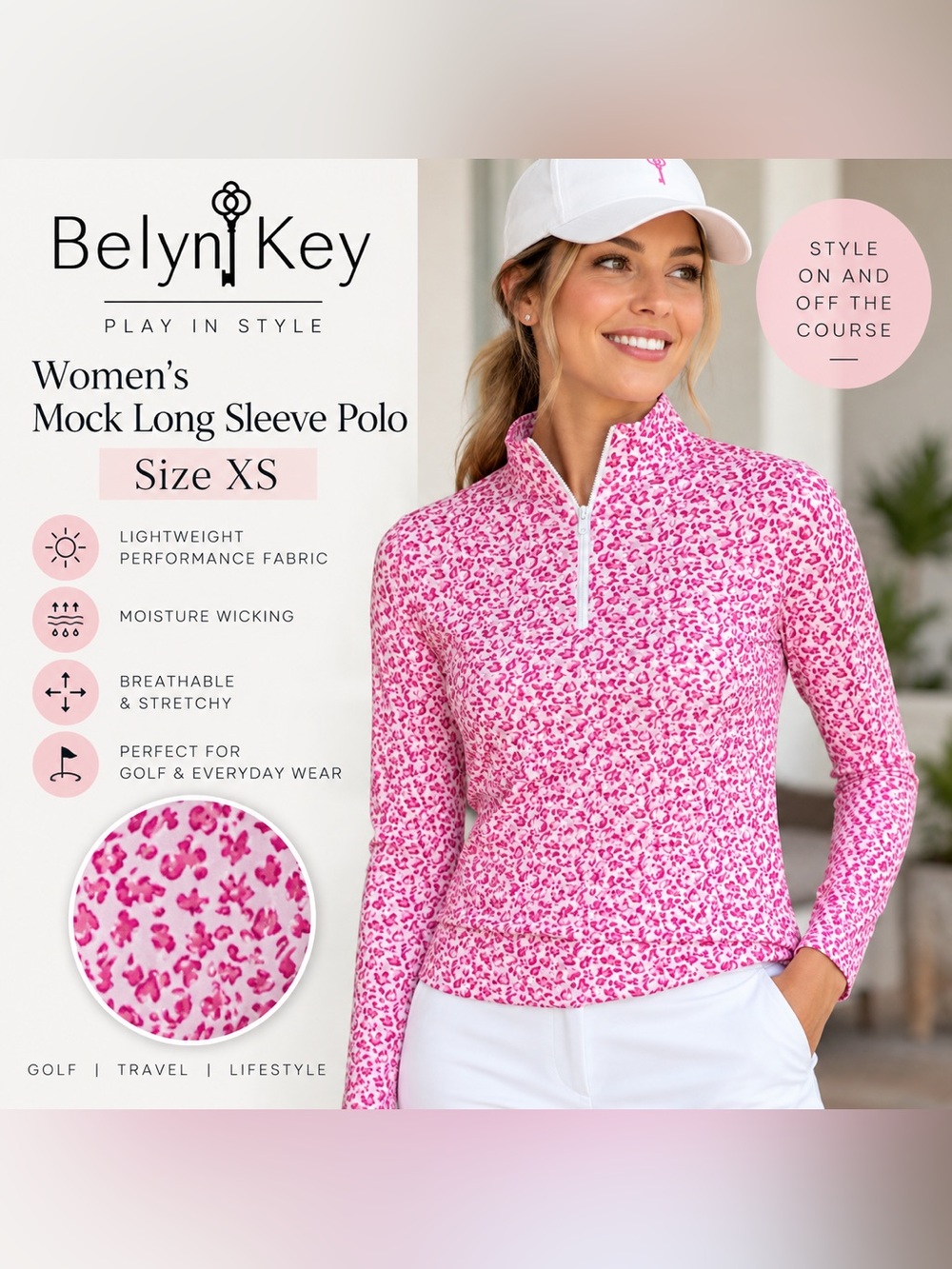 Belyn Key Pink Leopard Mock Neck Long Sleeve Golf Polo Women’s XS Quarter Zip